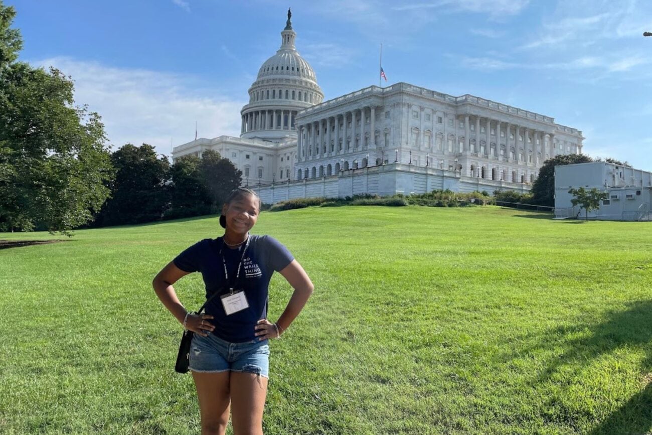 Do the Write Thing ambassador Rylei outside of the Capitol Building